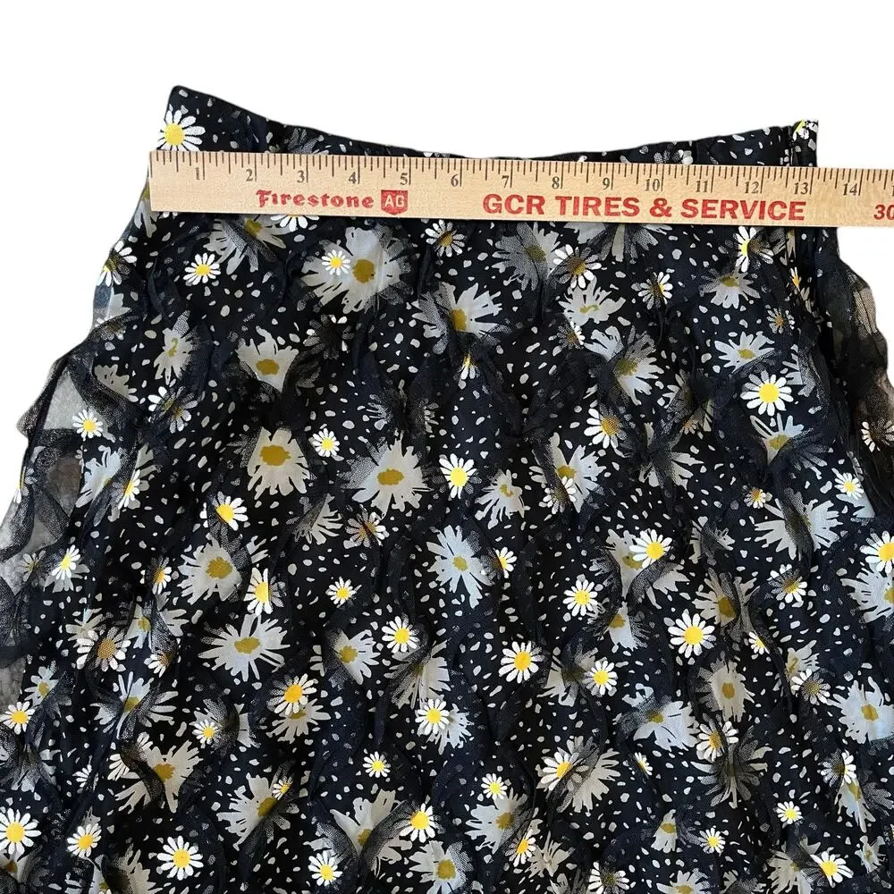 Eva Franco Midi Skirt Size 4 Tunisia Black Daisies Double Layer Overlay Tulle
